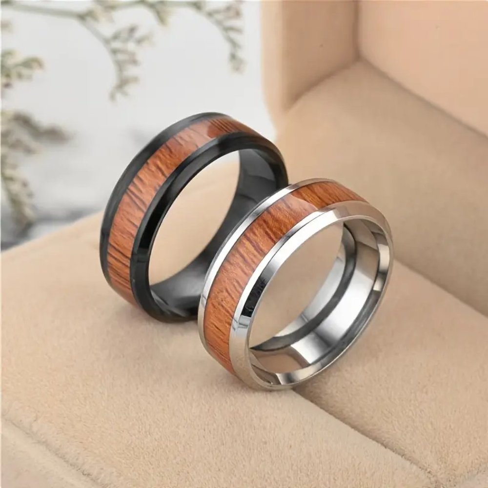 Handsome Men's Stainless Steel Wood Inlaid Black Brown Hypoallergenic Ring Sz 10